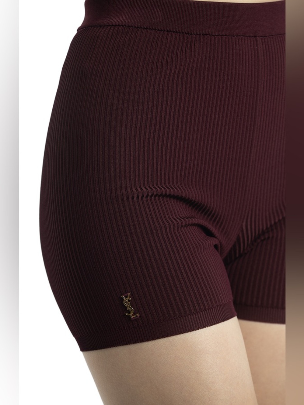 Saint Laurent Ribbed Wine-Red Bike Shorts with Gold Logo